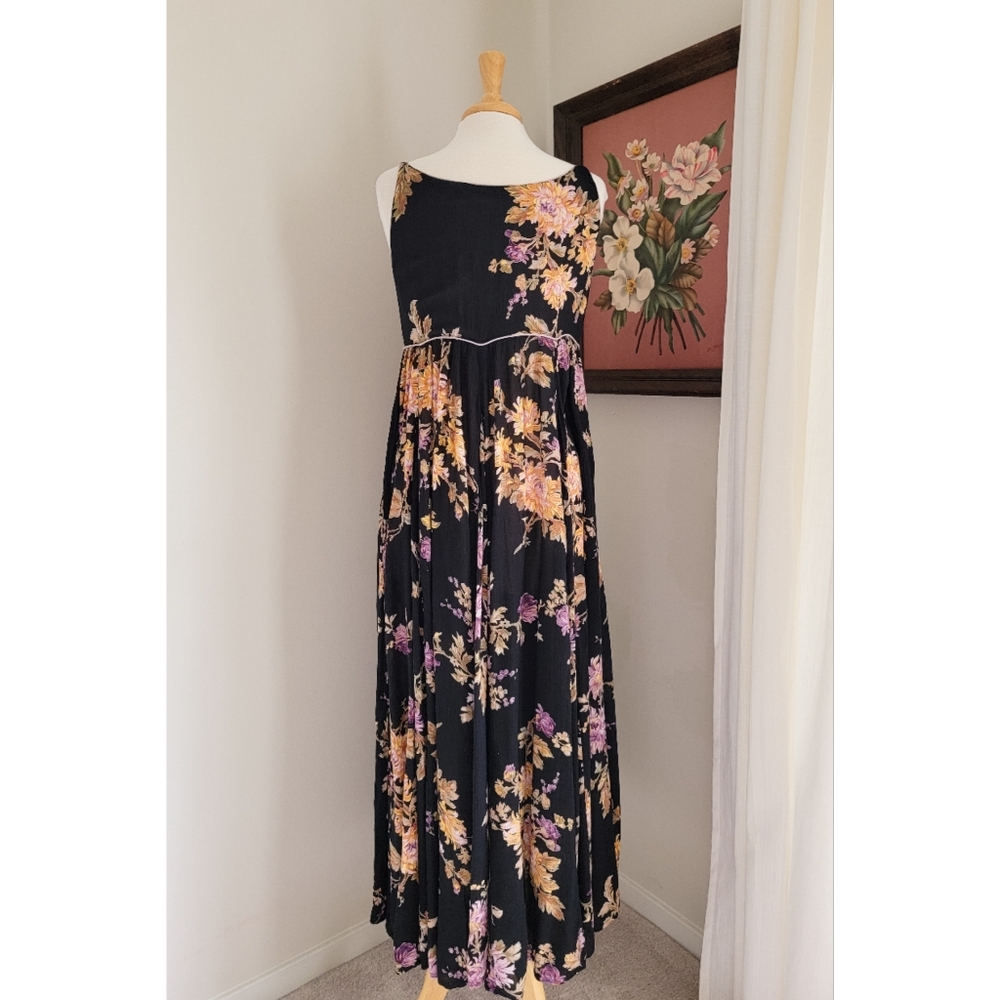 90s Black Floral Scoop Neck 1990s Vintage Flowy Feminine Rayon Gauze Maxi Dress - Picture 16 of 16